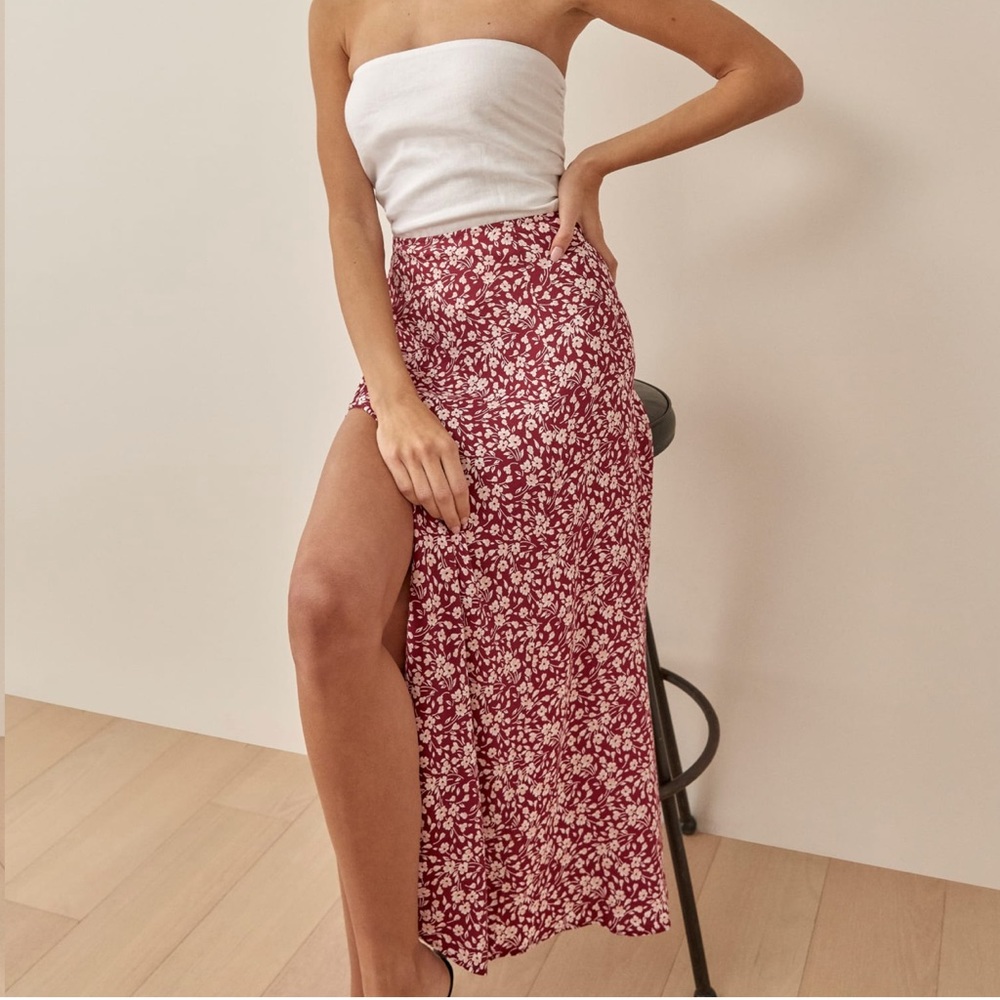 Reformation Burgundy Floral Midi Skirt